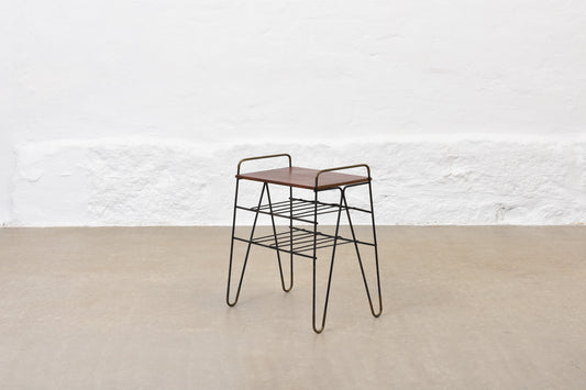 1950s teak + metal wire magazine table