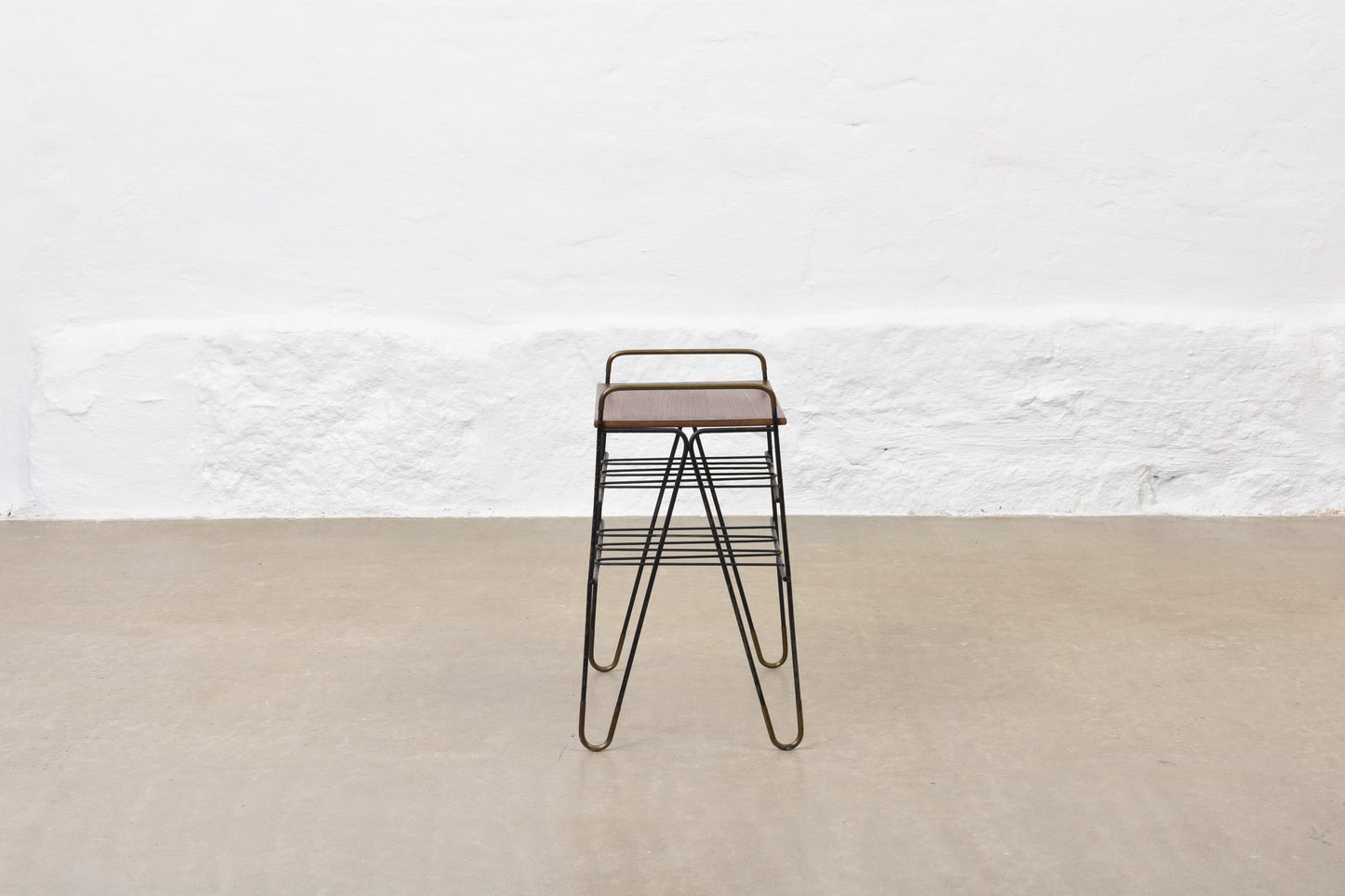 1950s teak + metal wire magazine table