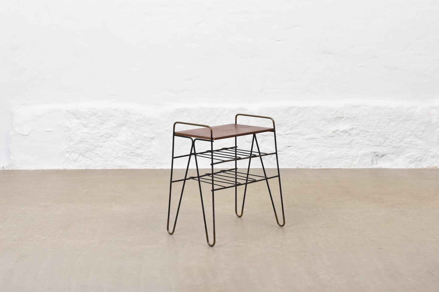 1950s teak + metal wire magazine table