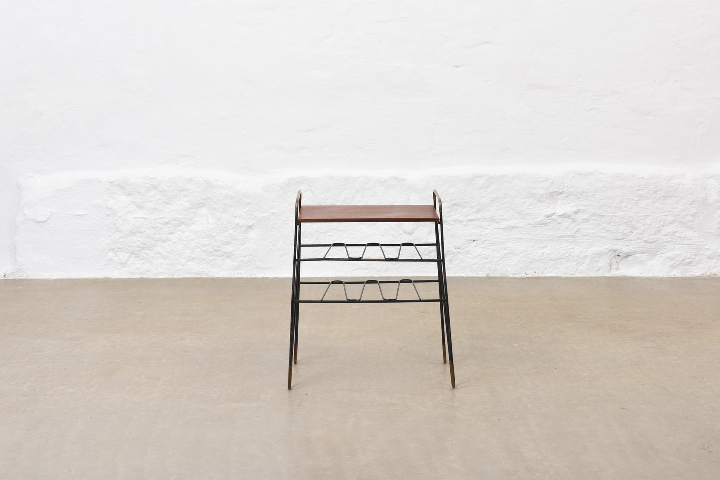 1950s teak + metal wire magazine table