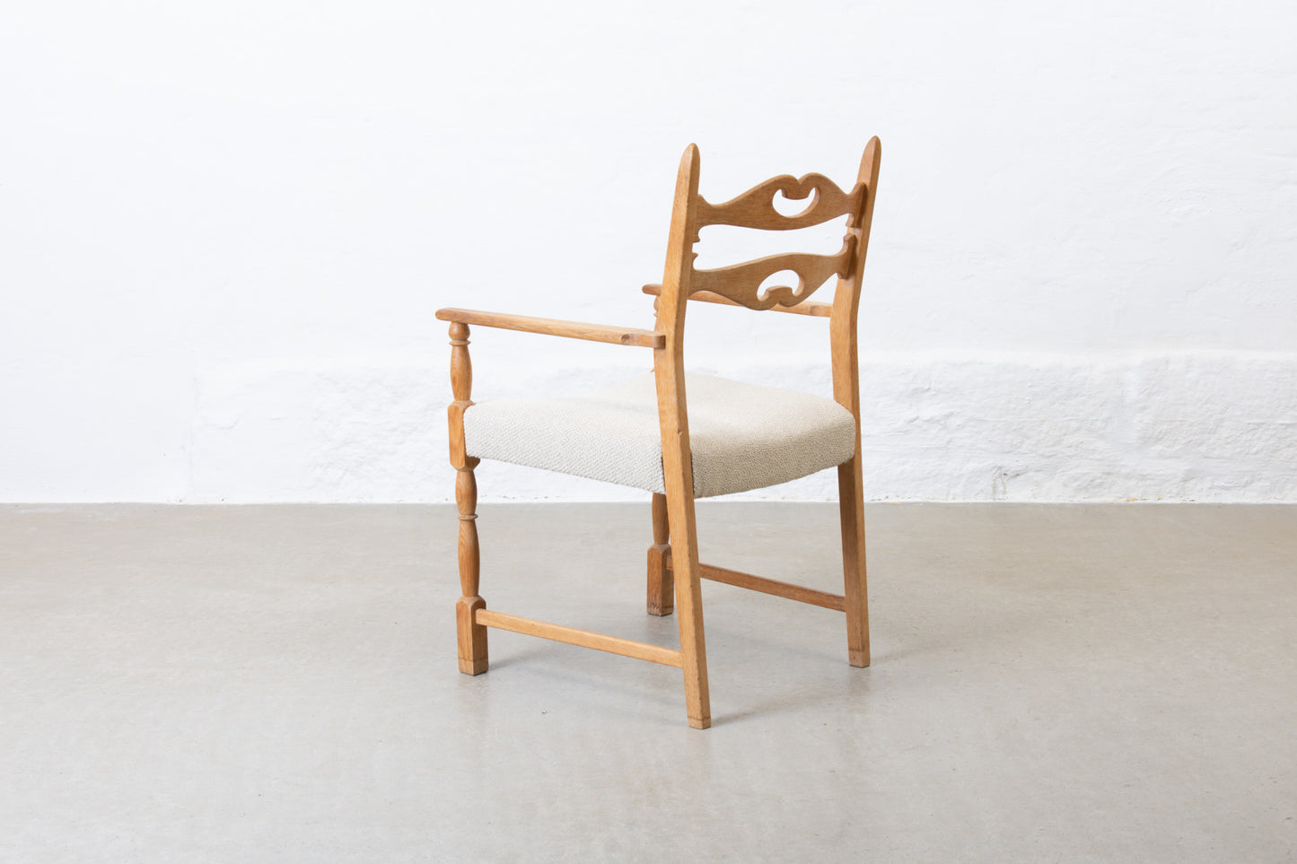 Newly reupholstered: 1970s armchair in oak