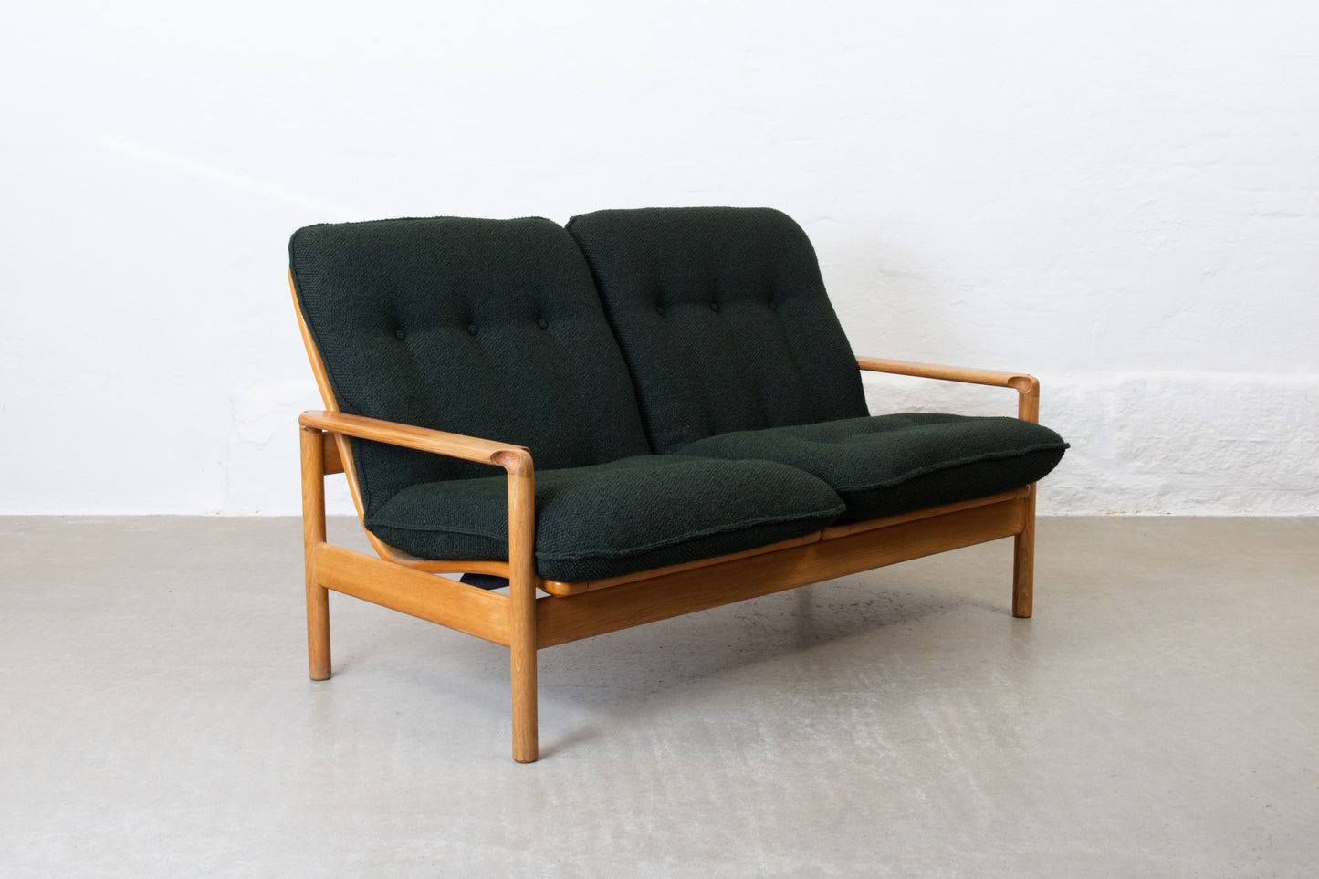 Newly reupholstered: 1960s oak two seater by Madsen & Schubell