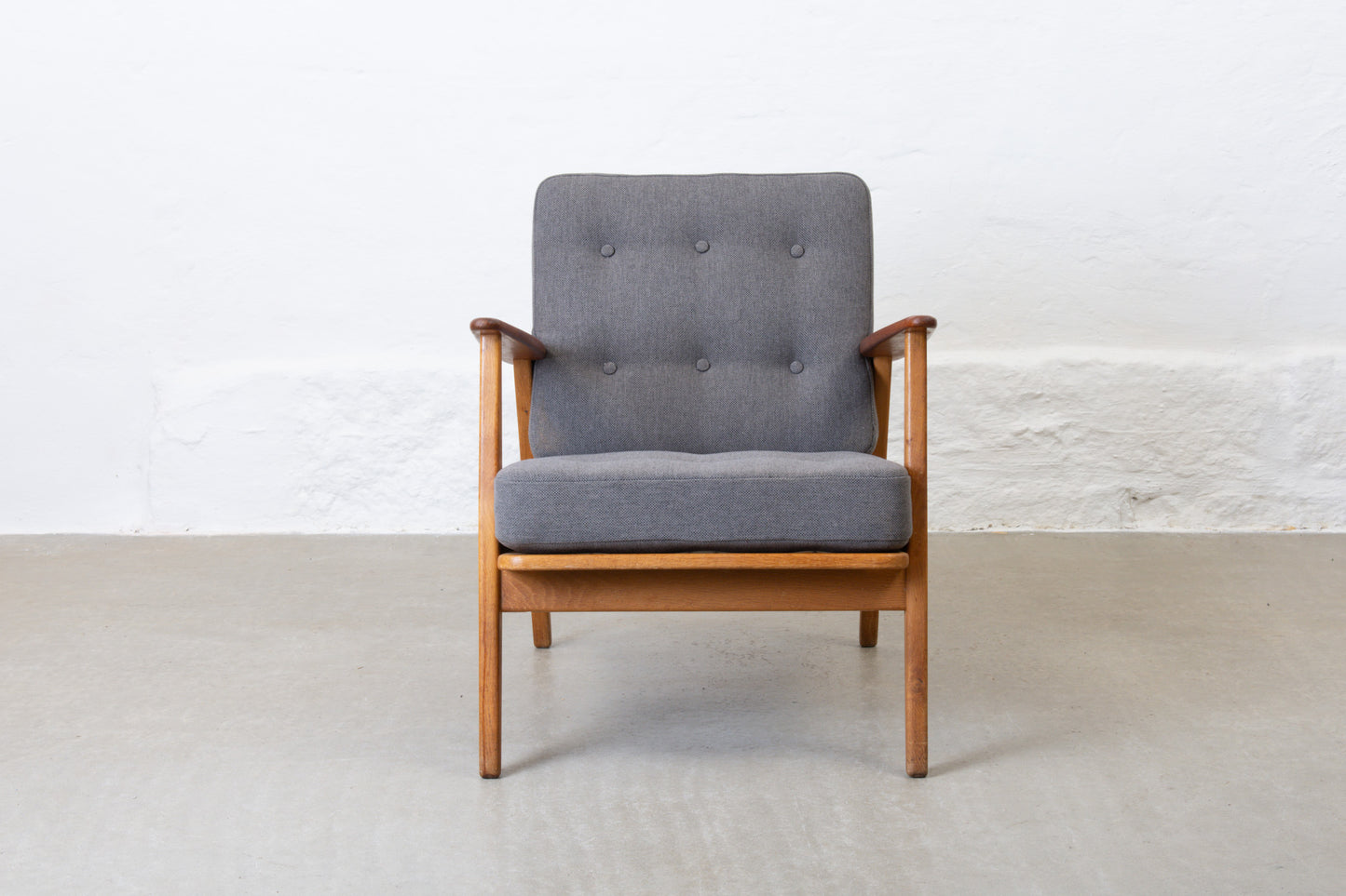 Newly reupholstered: 1950s teak + oak 'Esbjerg' lounger