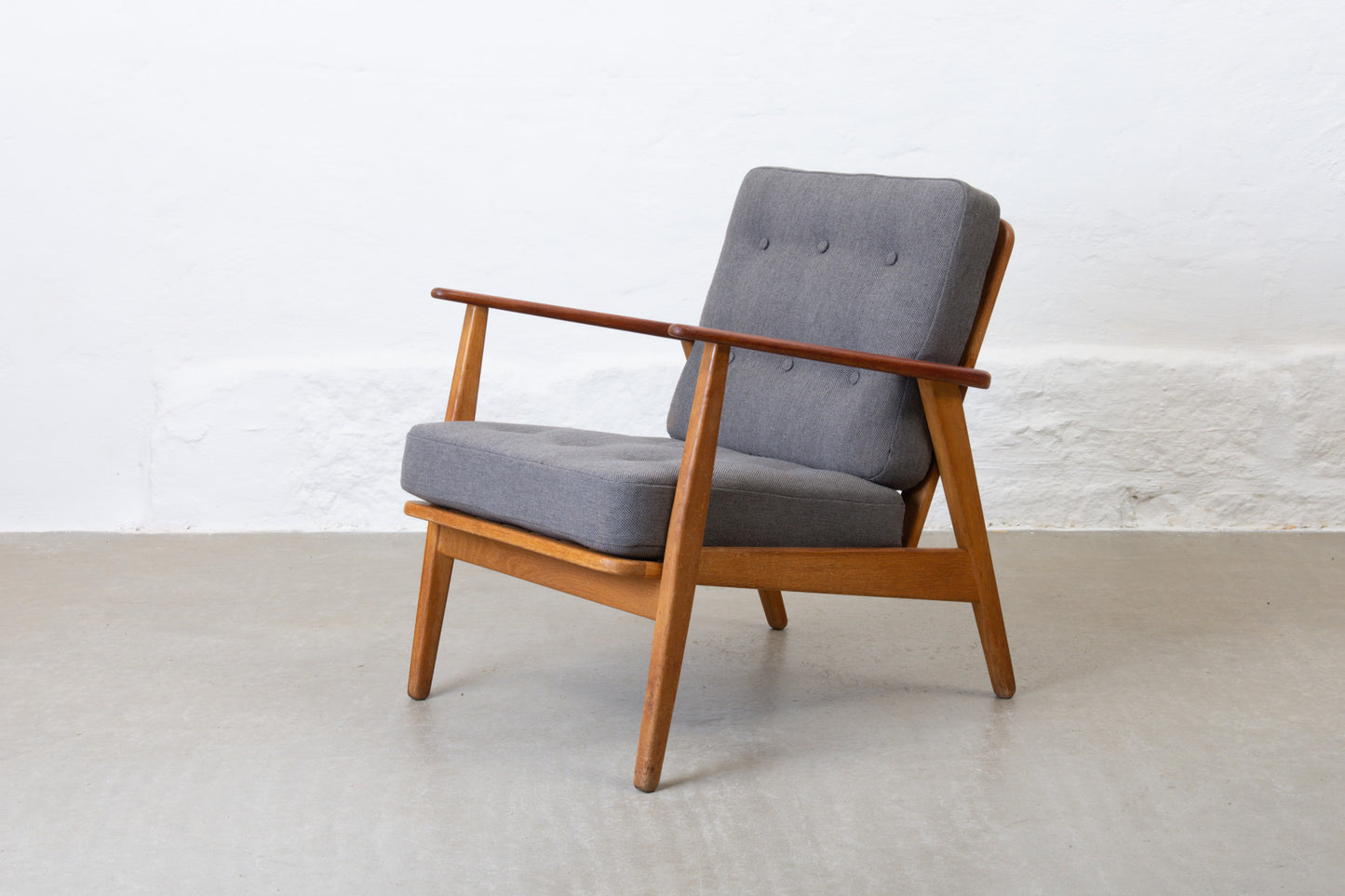 Newly reupholstered: 1950s teak + oak 'Esbjerg' lounger