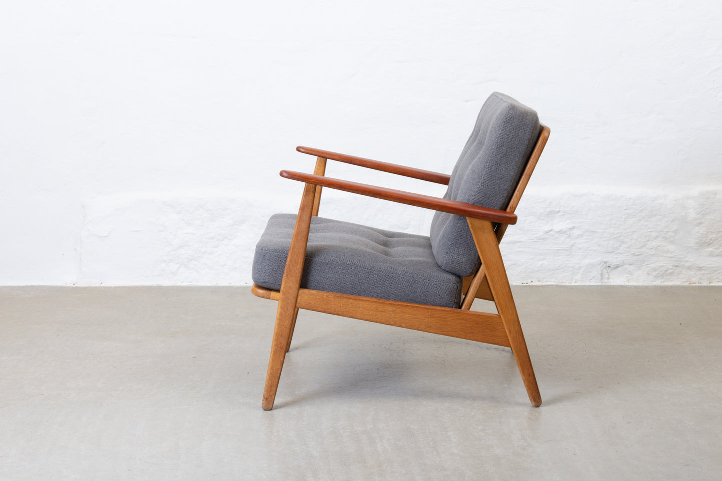 Newly reupholstered: 1950s teak + oak 'Esbjerg' lounger