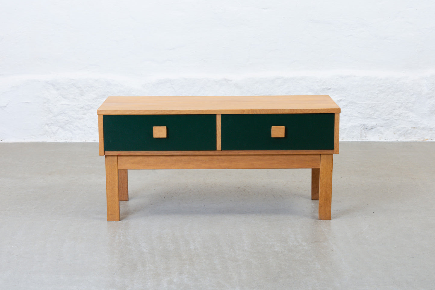 1970s low chest of two drawers in oak