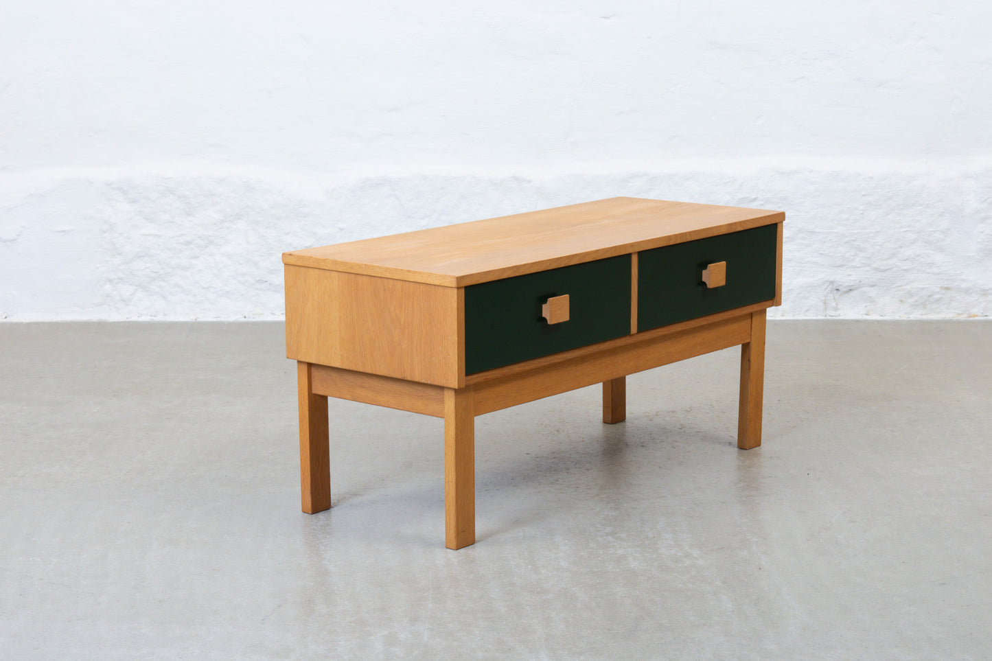 1970s low chest of two drawers in oak