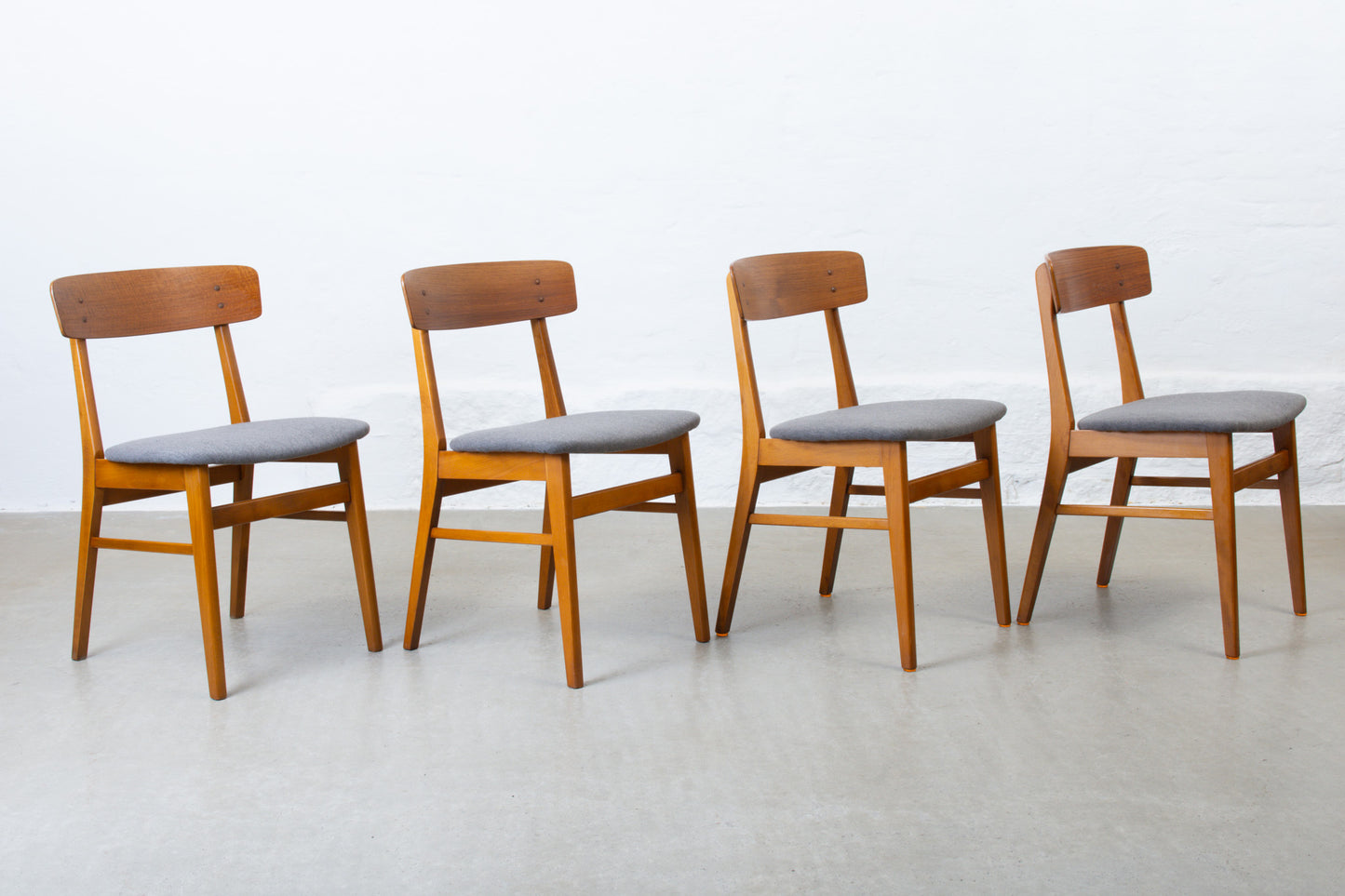 Newly reupholstered: 1960s set of teak + beech chairs by Farstrup Møbler