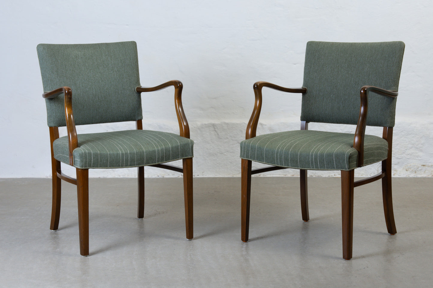 Two available: 1940s armchairs in beech + wool