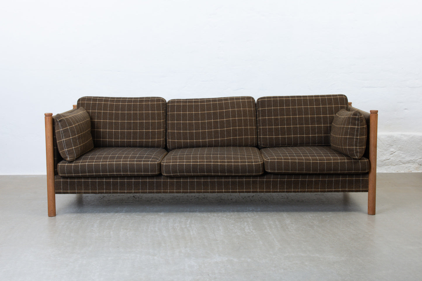 1970s three seater in oak + wool
