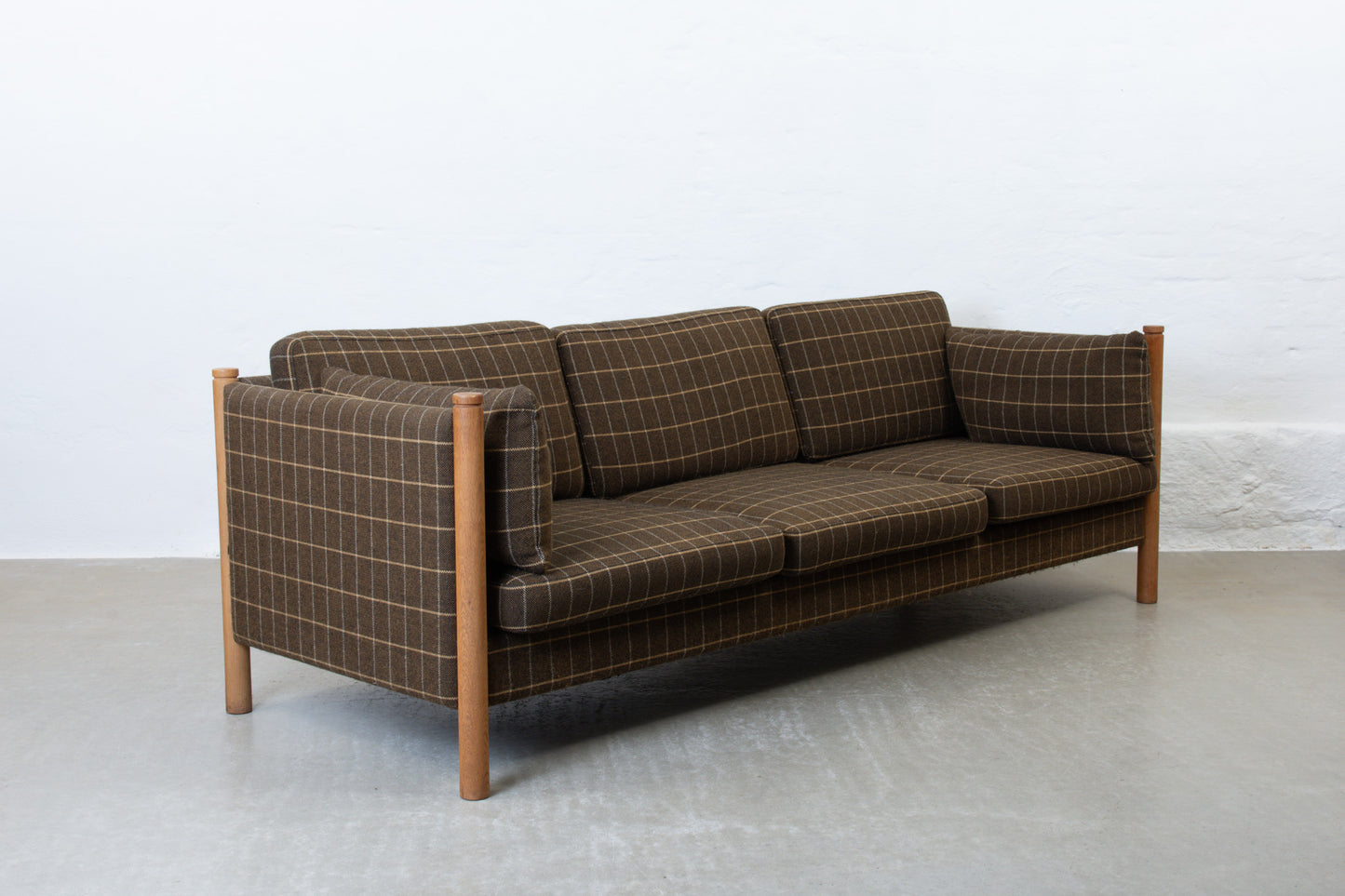 1970s three seater in oak + wool