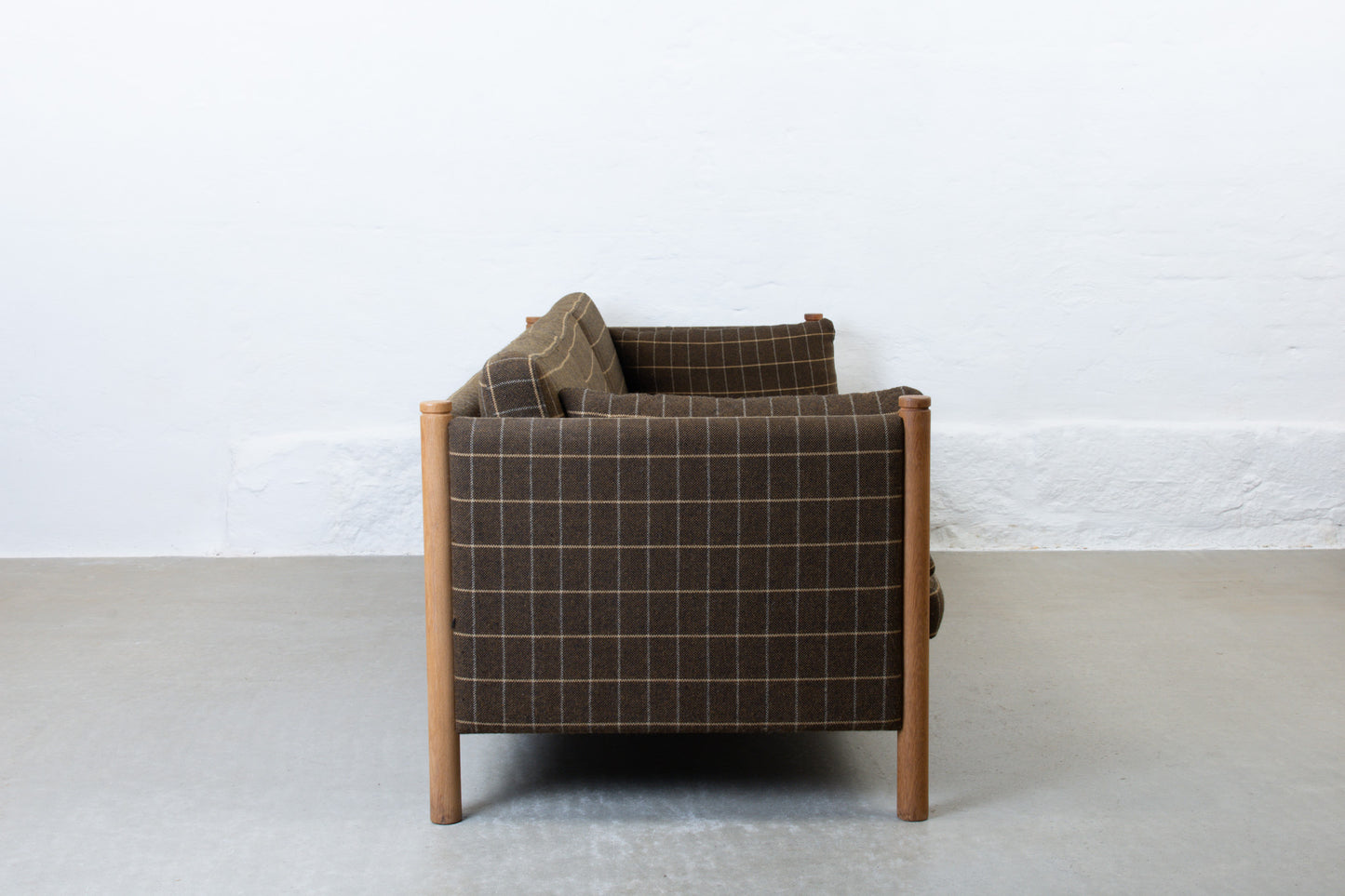 1970s three seater in oak + wool