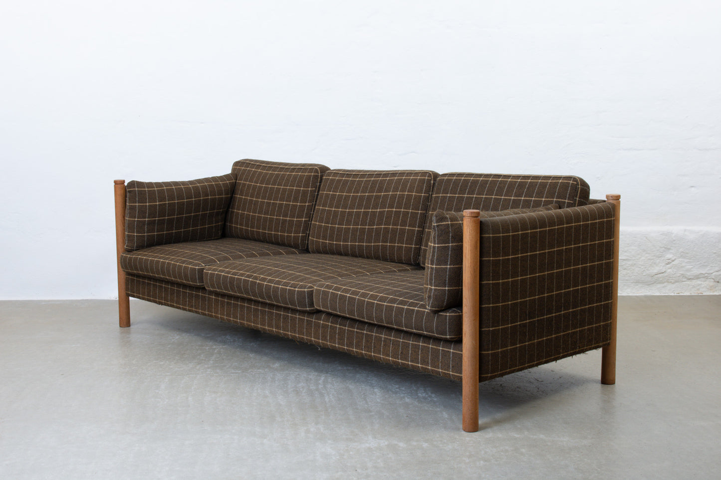 1970s three seater in oak + wool