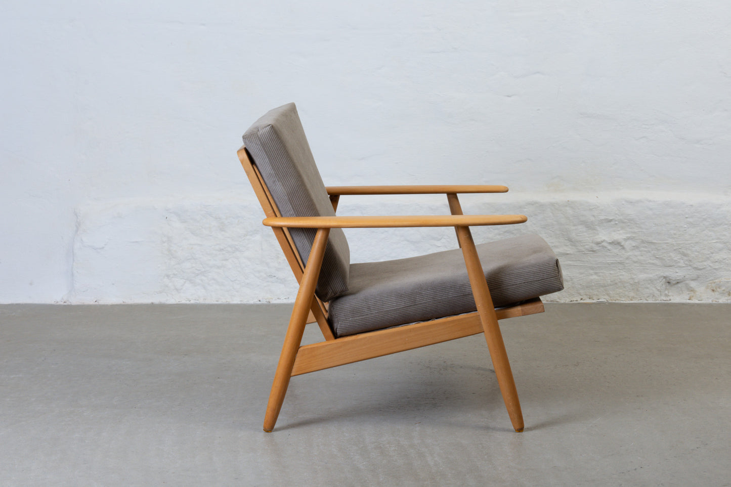 Two available: 1960s beech + corduroy loungers