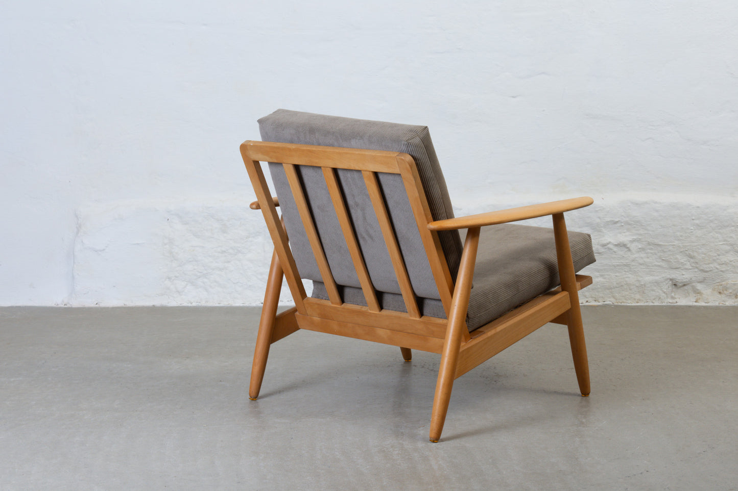 Two available: 1960s beech + corduroy loungers