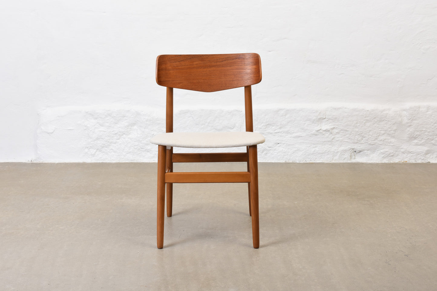 Newly reupholstered: 1960s set of four teak + beech dining chairs