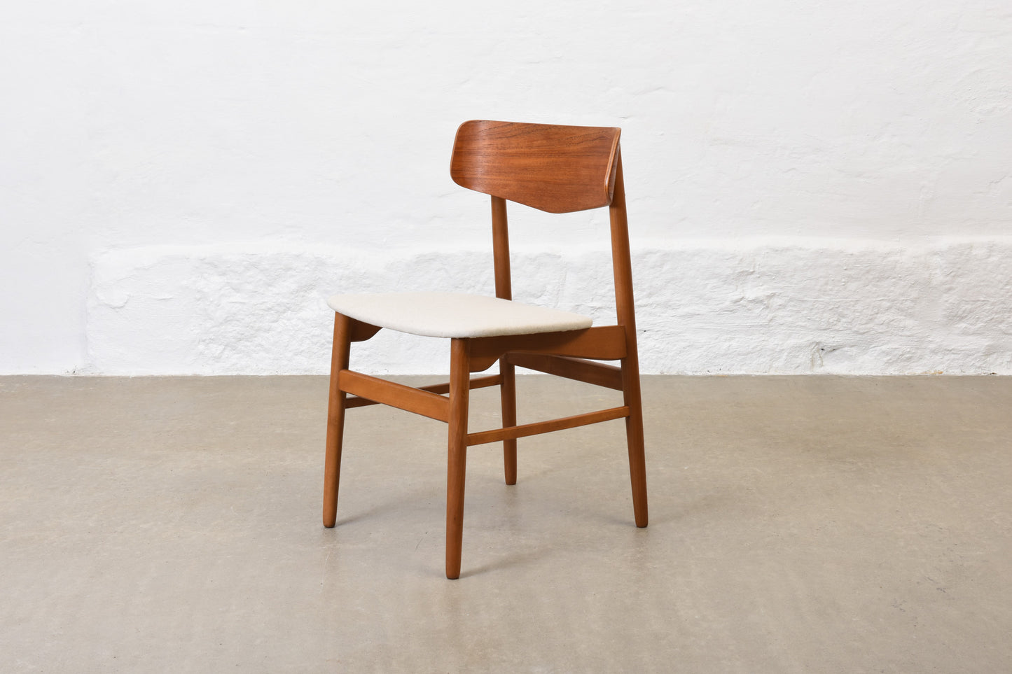 Newly reupholstered: 1960s set of four teak + beech dining chairs