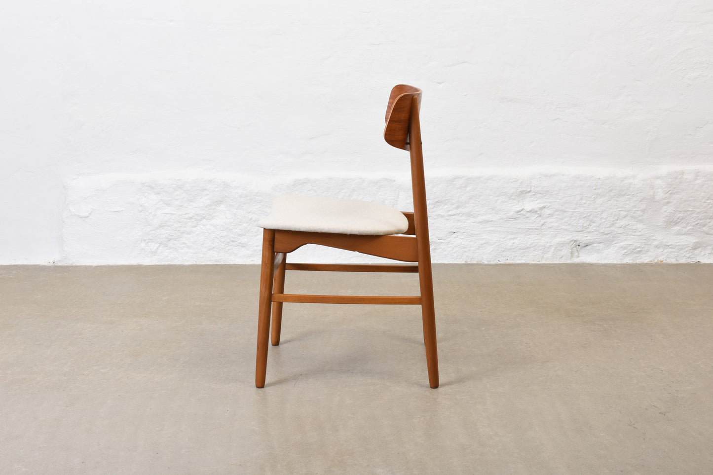 Newly reupholstered: 1960s set of four teak + beech dining chairs