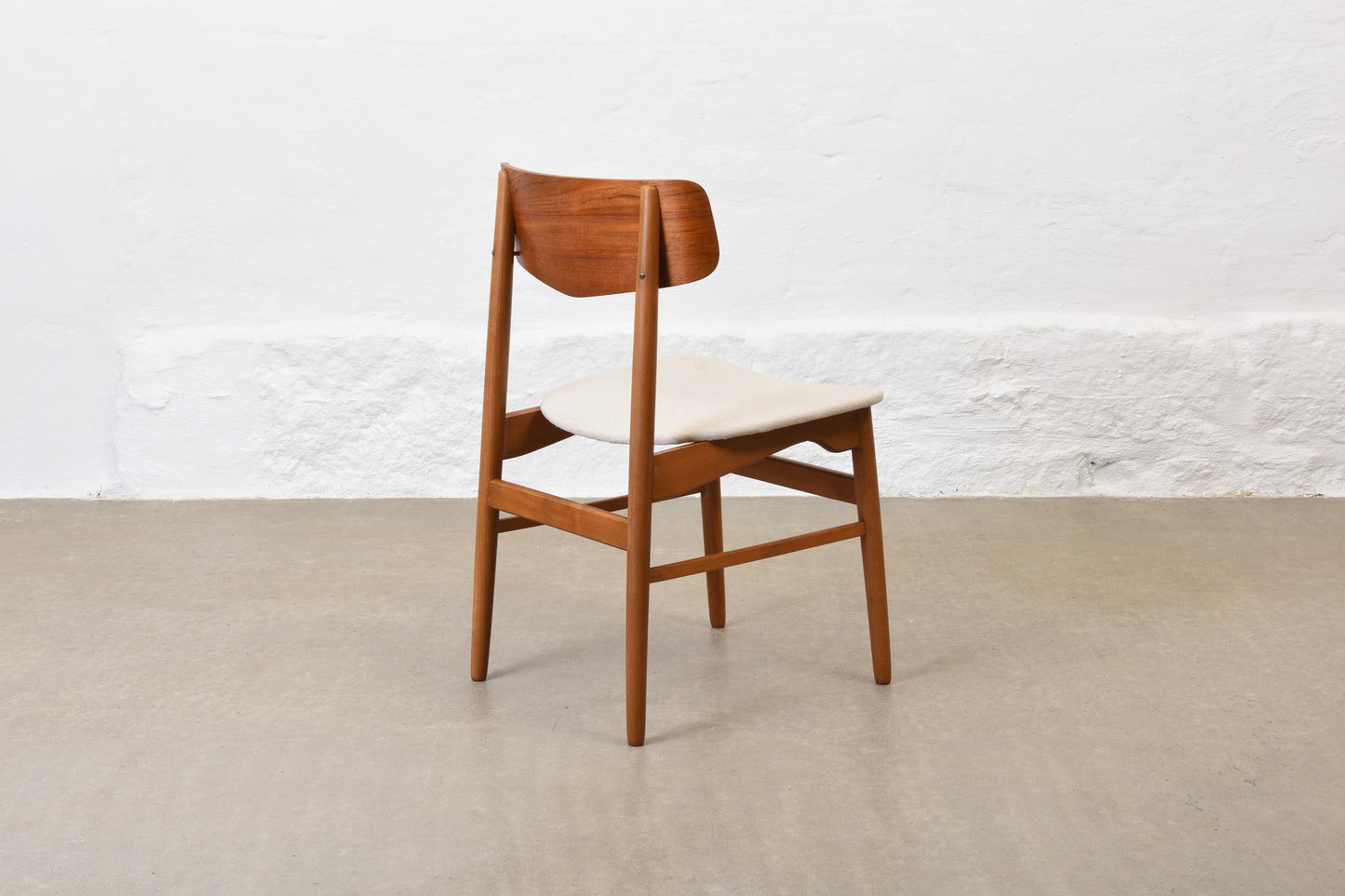 Newly reupholstered: 1960s set of four teak + beech dining chairs