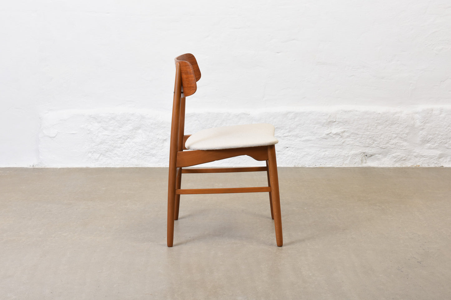 Newly reupholstered: 1960s set of four teak + beech dining chairs