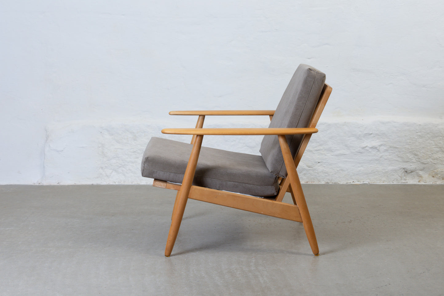 Two available: 1960s beech + corduroy loungers