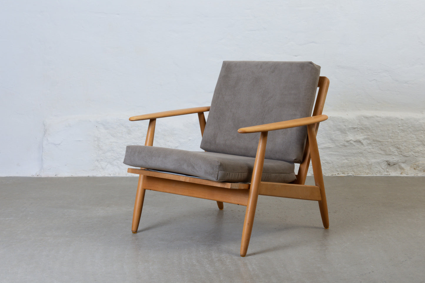 Two available: 1960s beech + corduroy loungers