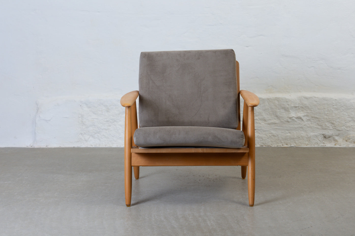 Two available: 1960s beech + corduroy loungers