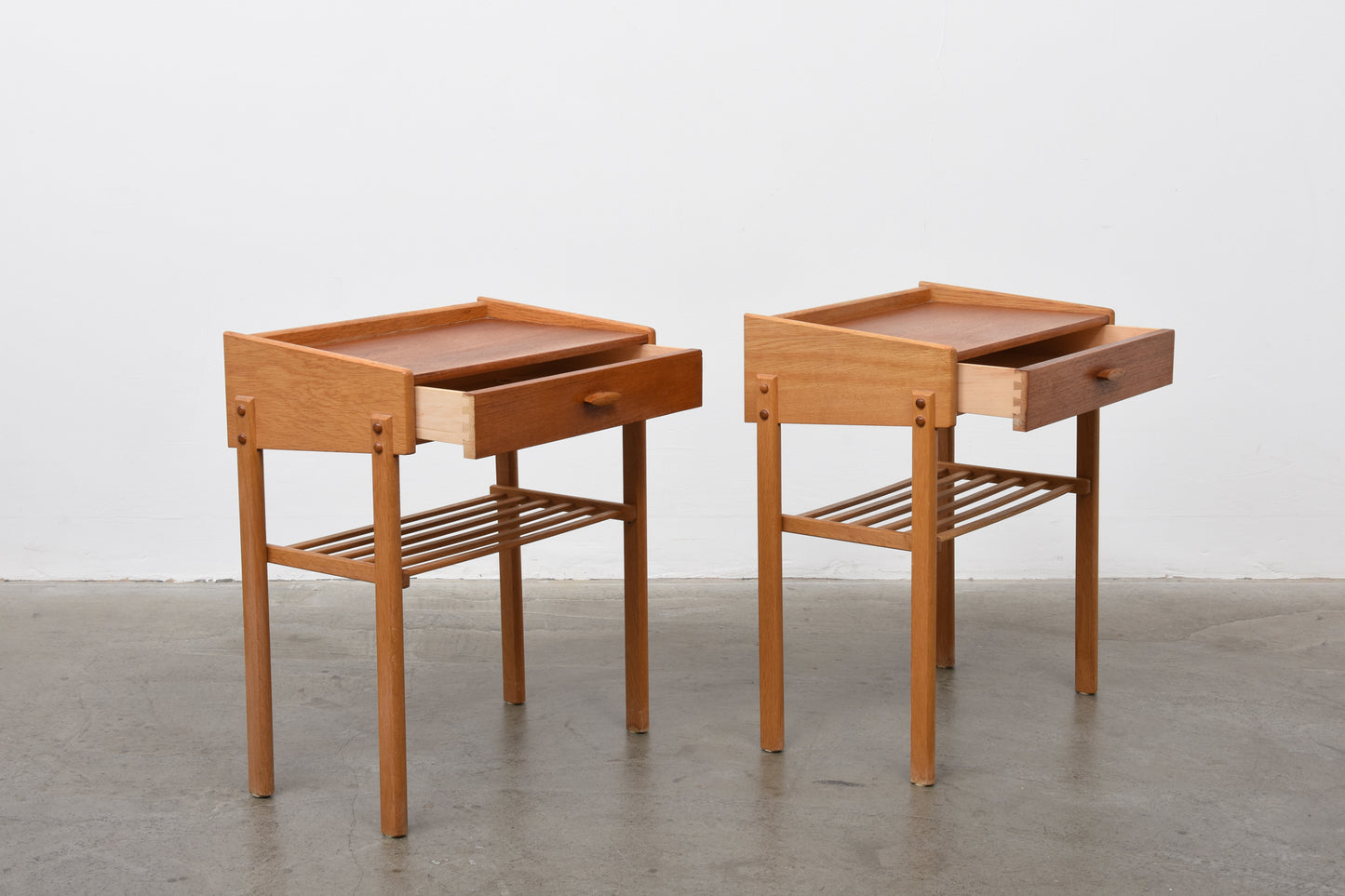 1960s teak + oak bedside tables