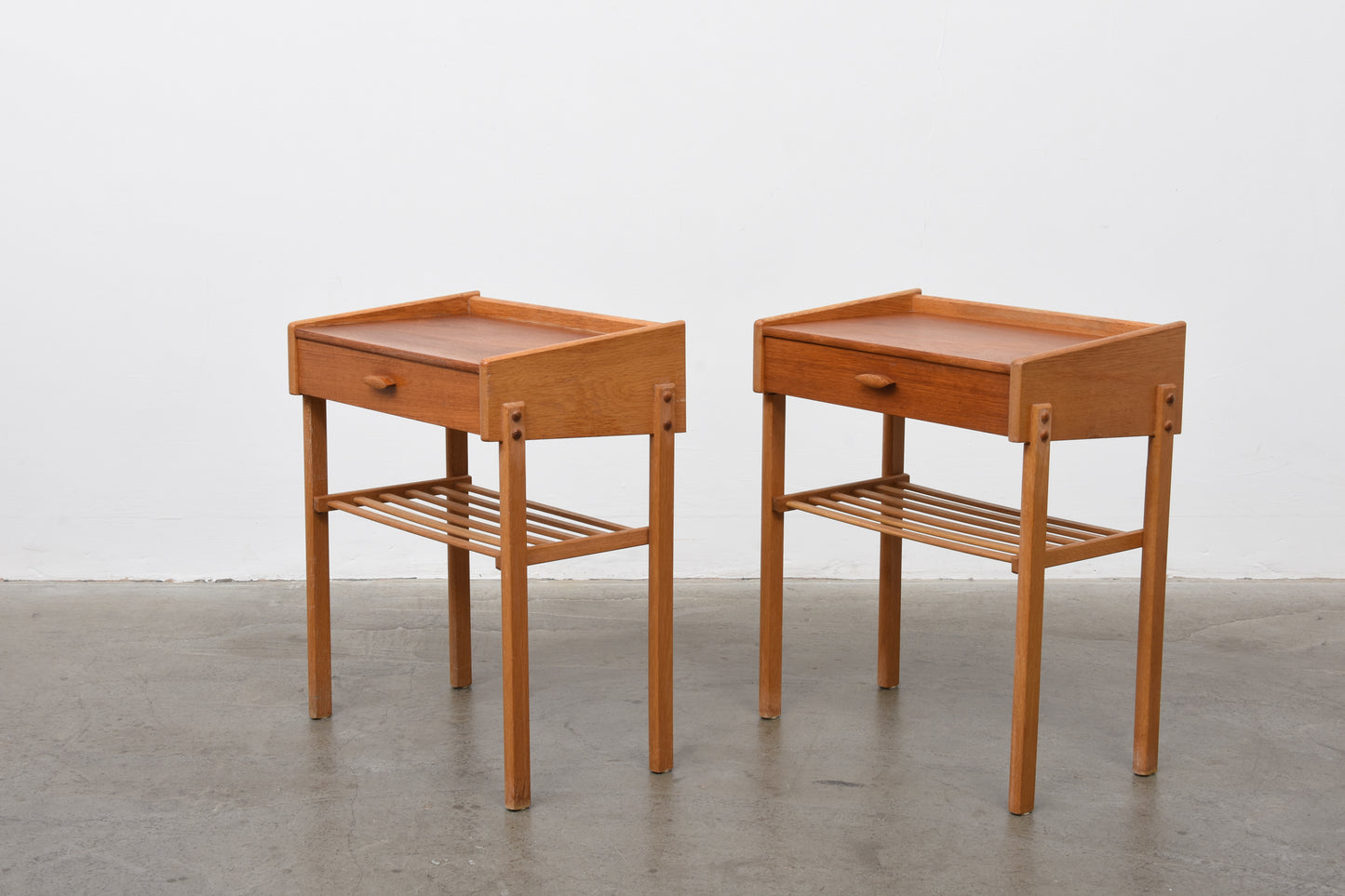 1960s teak + oak bedside tables