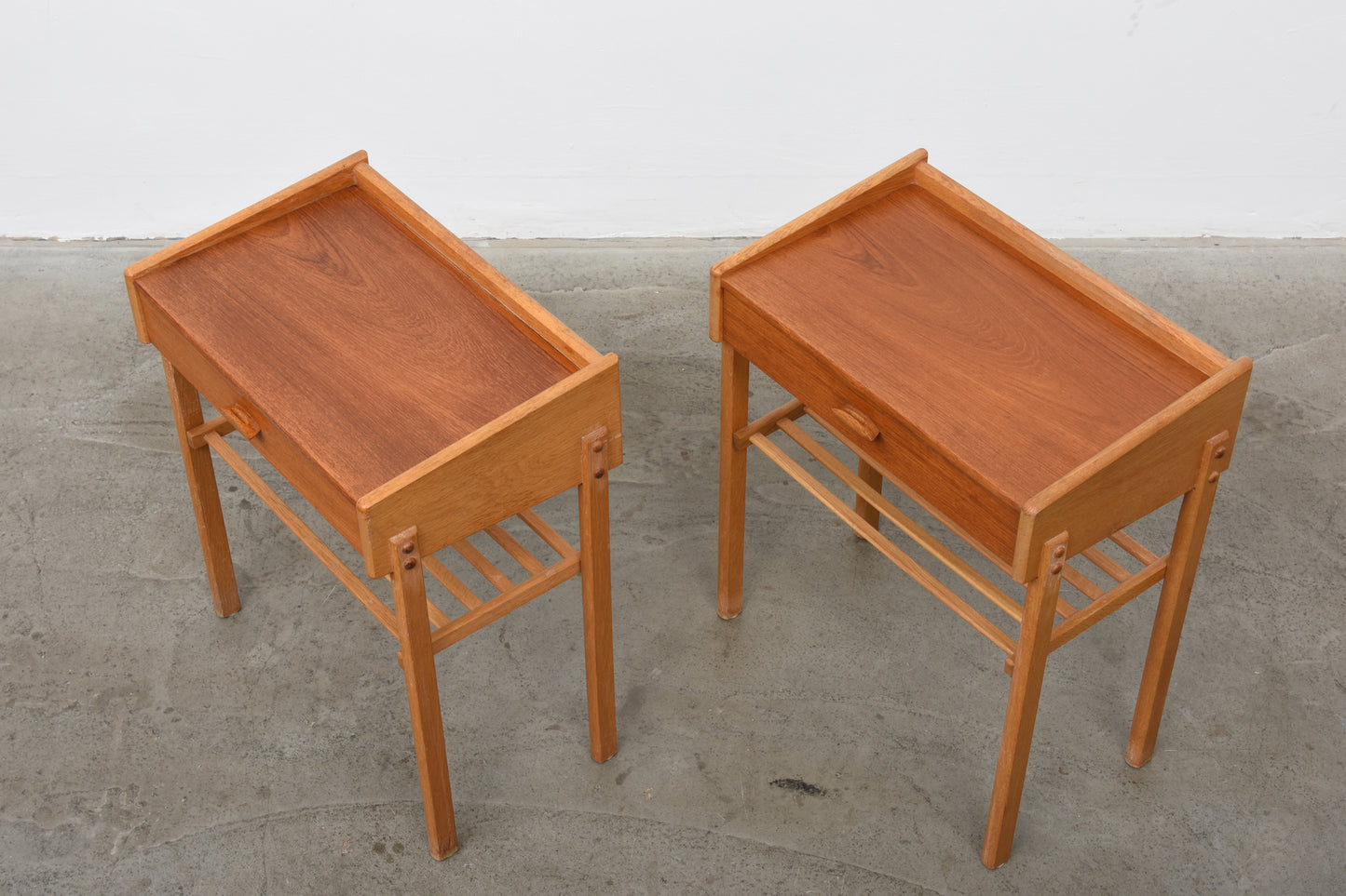 1960s teak + oak bedside tables