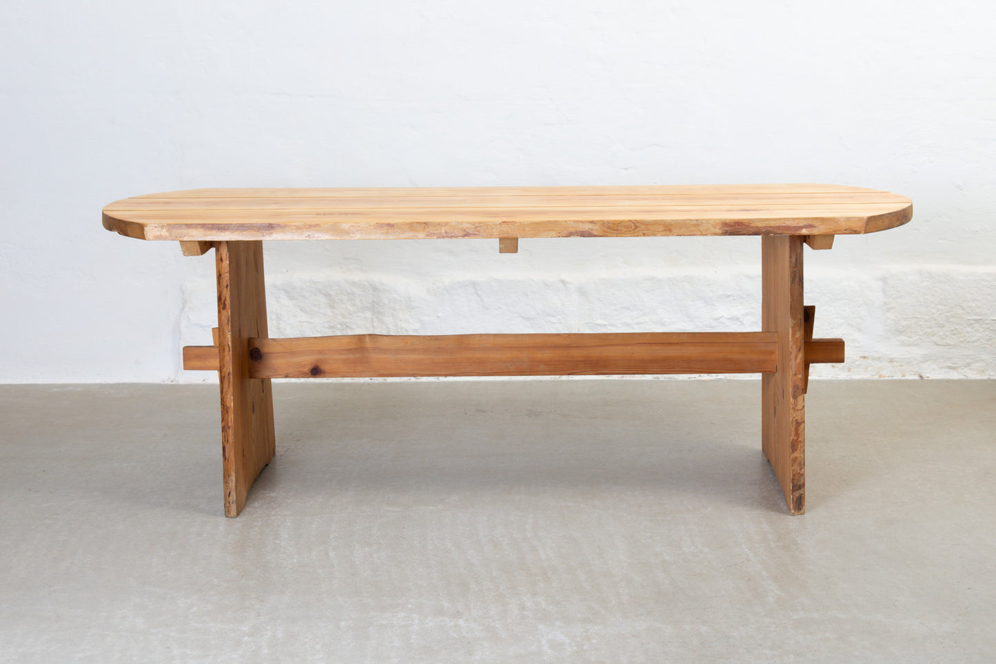 1970s raw edge dining table in pine