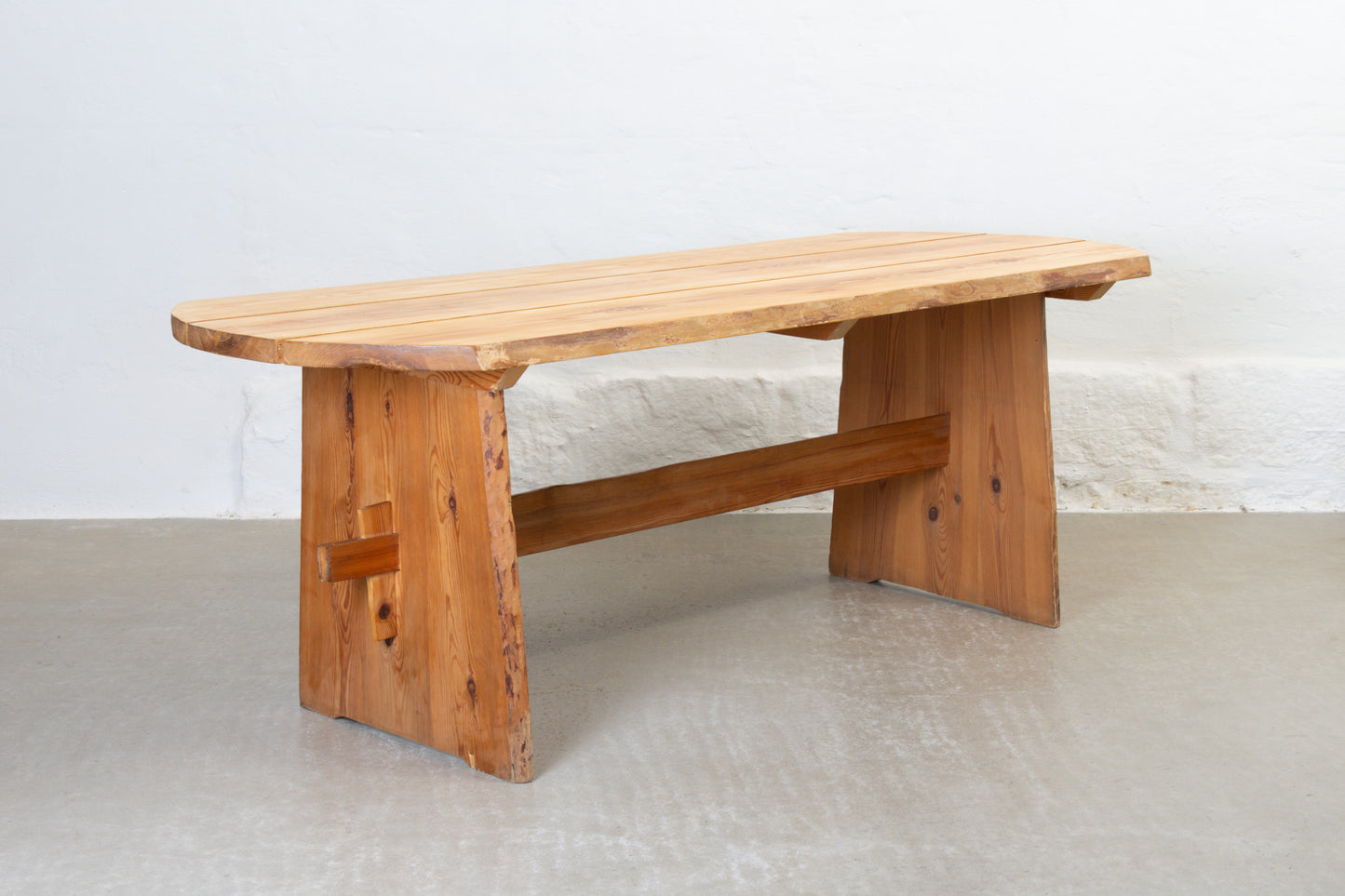 1970s raw edge dining table in pine