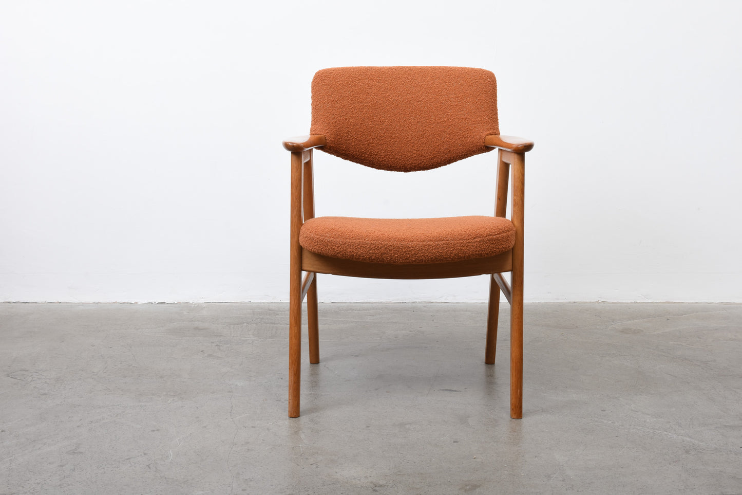 Newly upholstered: 1960s oak + bouclé armchair by Erik Kirkegaard