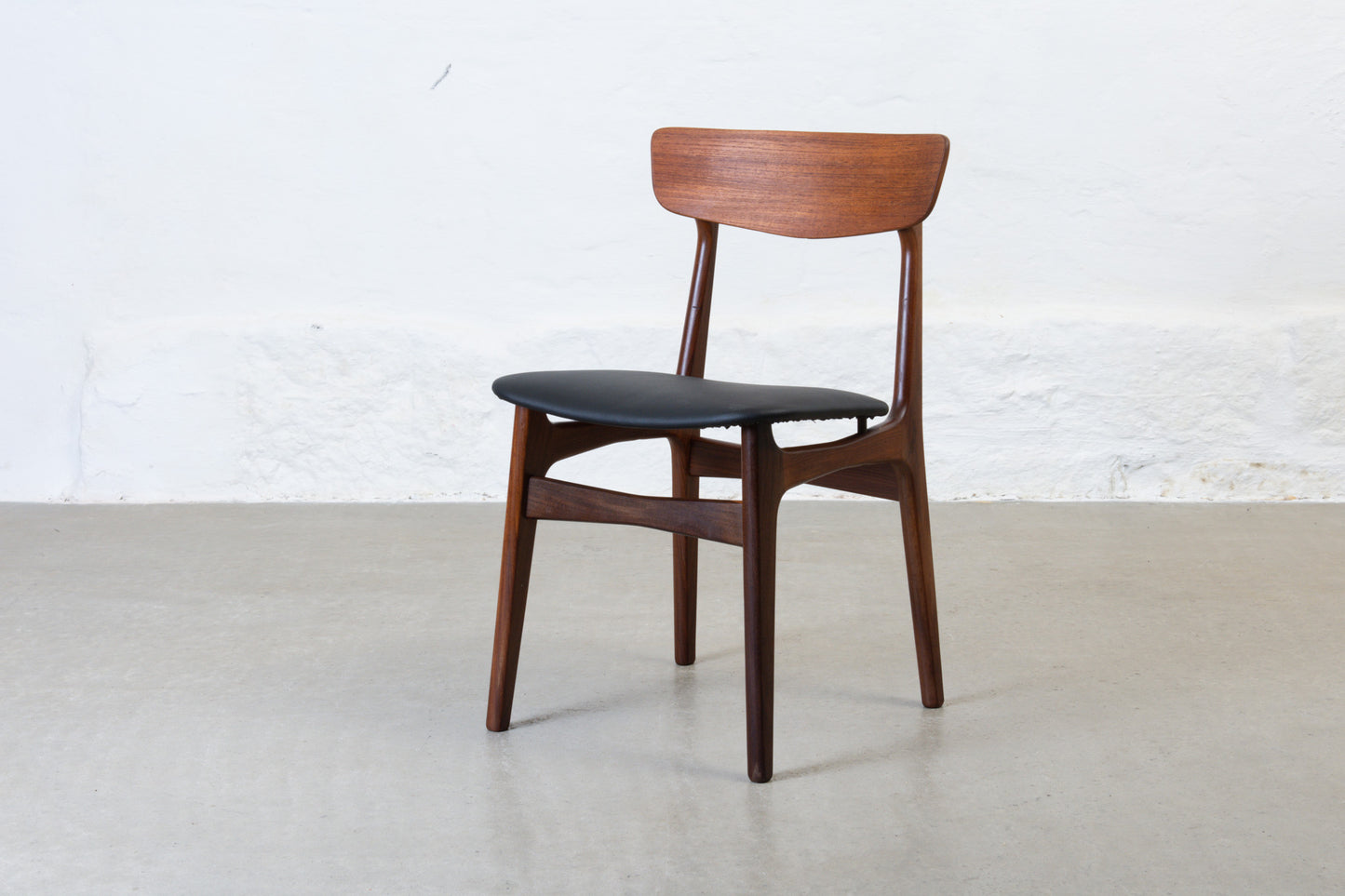 Newly reupholstered: 1960s set of four teak dining chairs