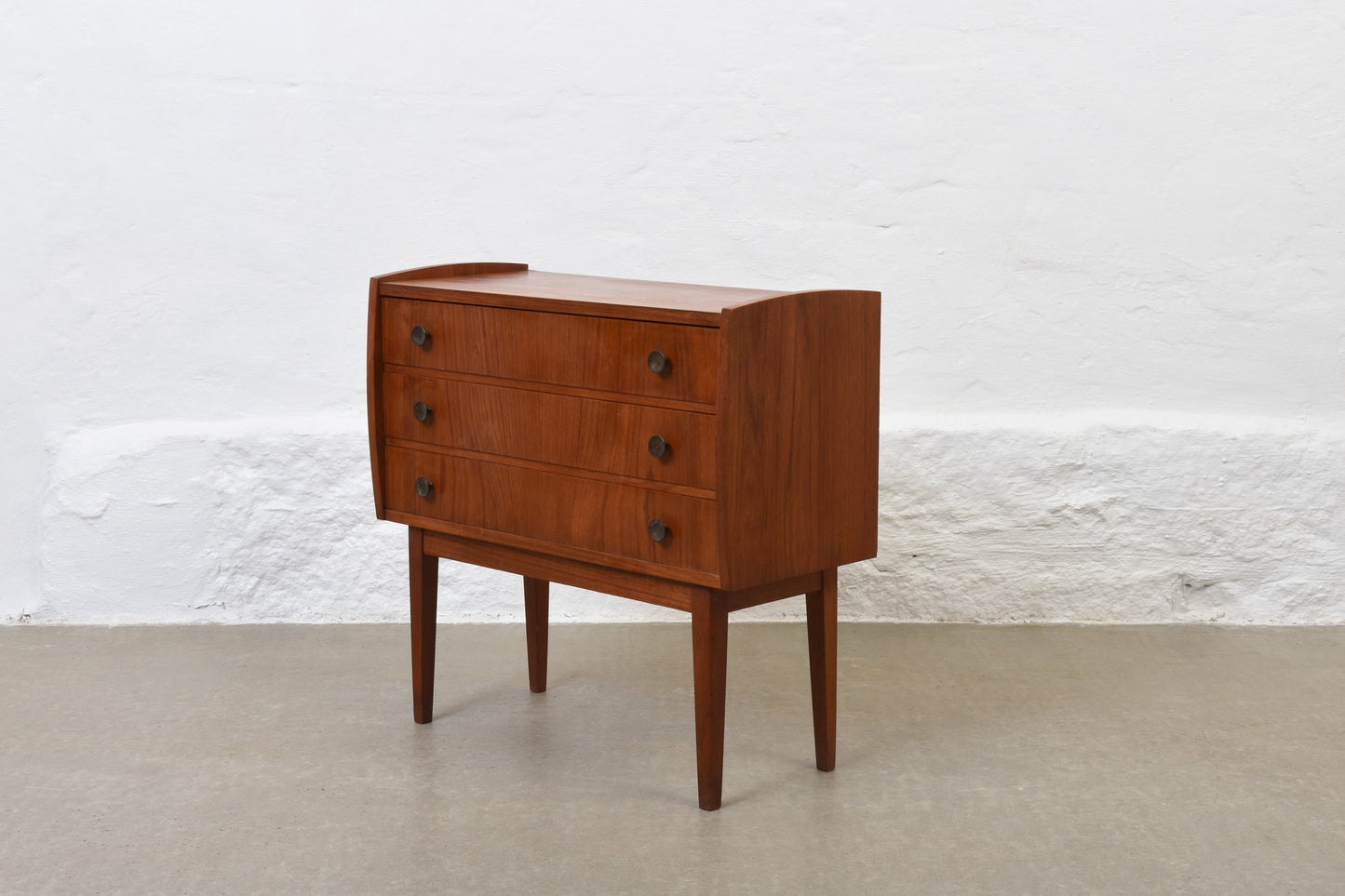 1960s low teak chest with brass handles