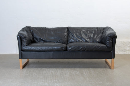 1980s leather sofa on beech sleigh legs