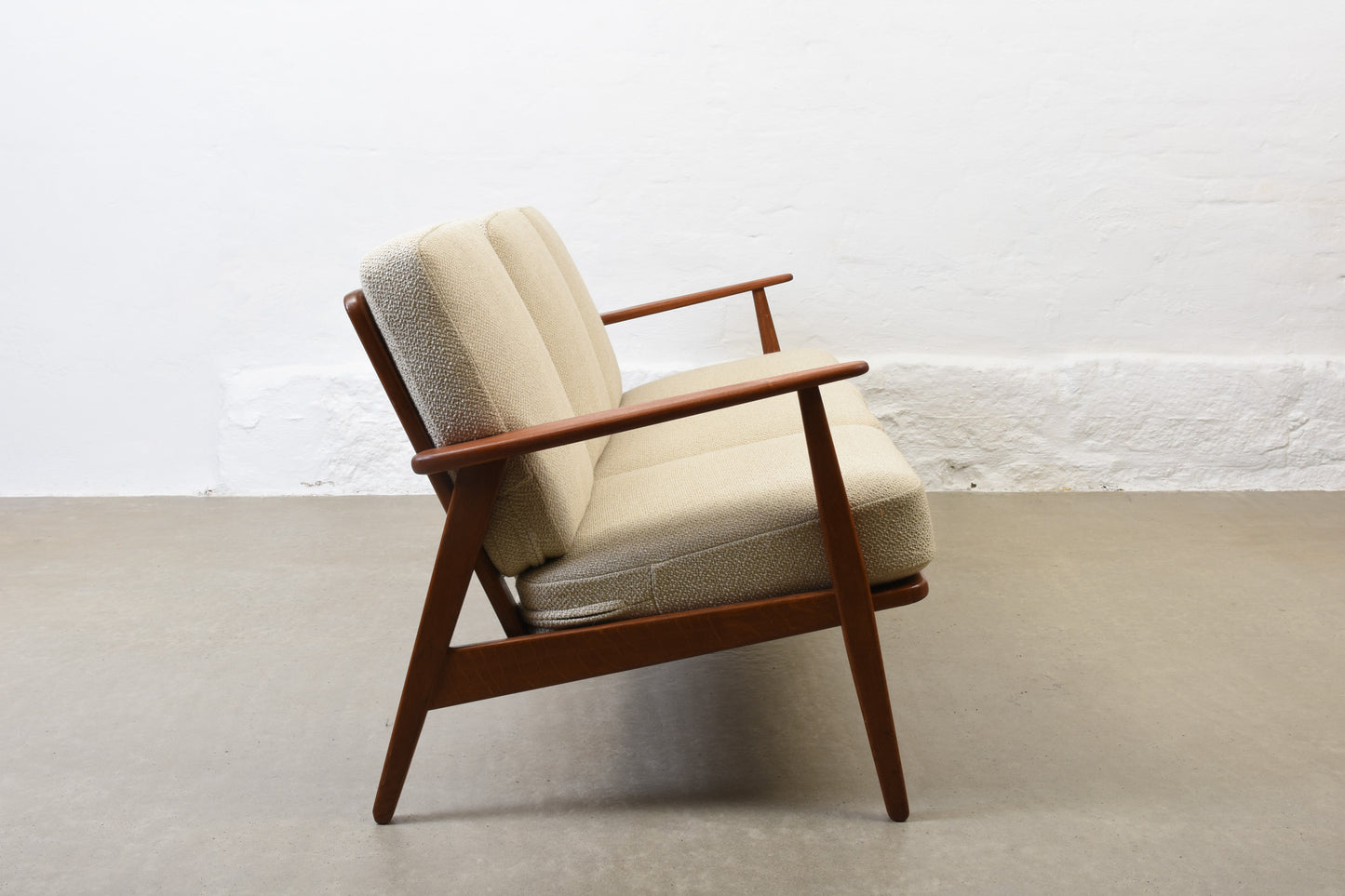 Newly reupholstered: 1950s 'Esbjerg' sofa in teak + oak