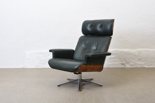 1960s leather + rosewood lounger with ottoman