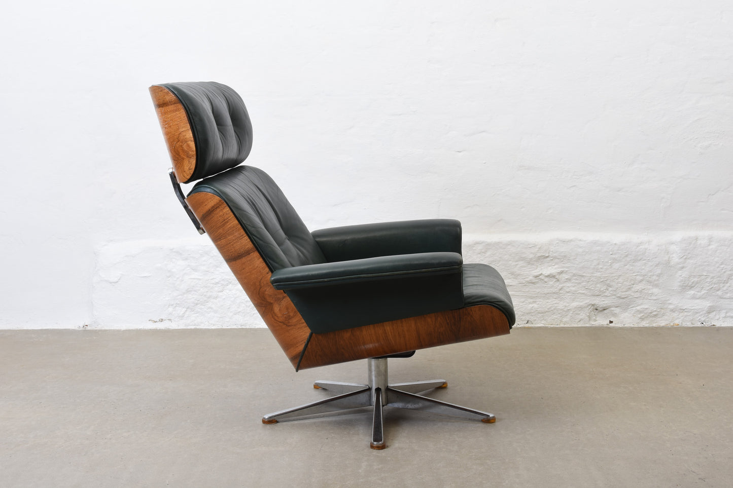 1960s leather + rosewood lounger with ottoman