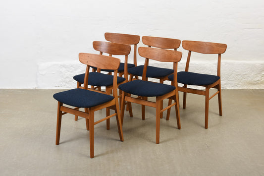 Newly reupholstered: Set of six teak dining chairs by Farstrup