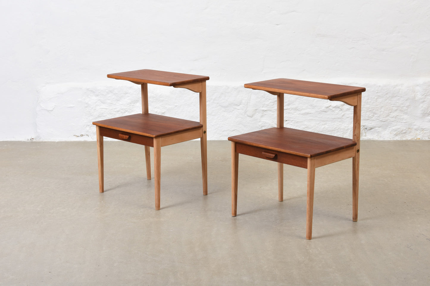 1960s pair of bedside tables in teak + beech