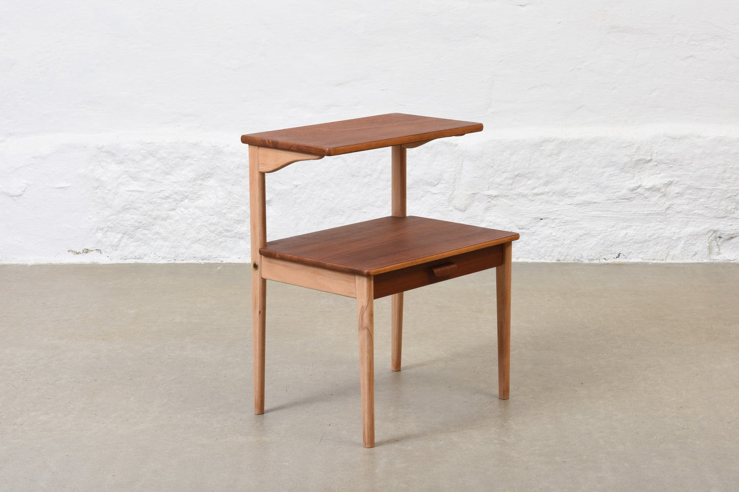 1960s pair of bedside tables in teak + beech