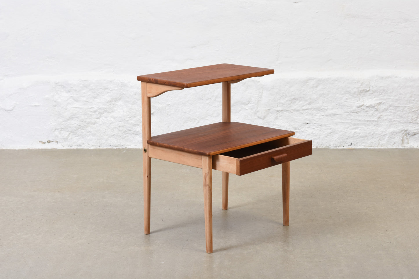 1960s pair of bedside tables in teak + beech