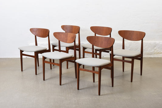 Newly reupholstered: Set of six 1950s teak dining chairs by Henning Kjærnulf