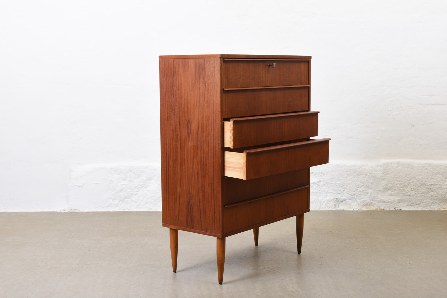 1960s teak chest of drawers with lipped handles