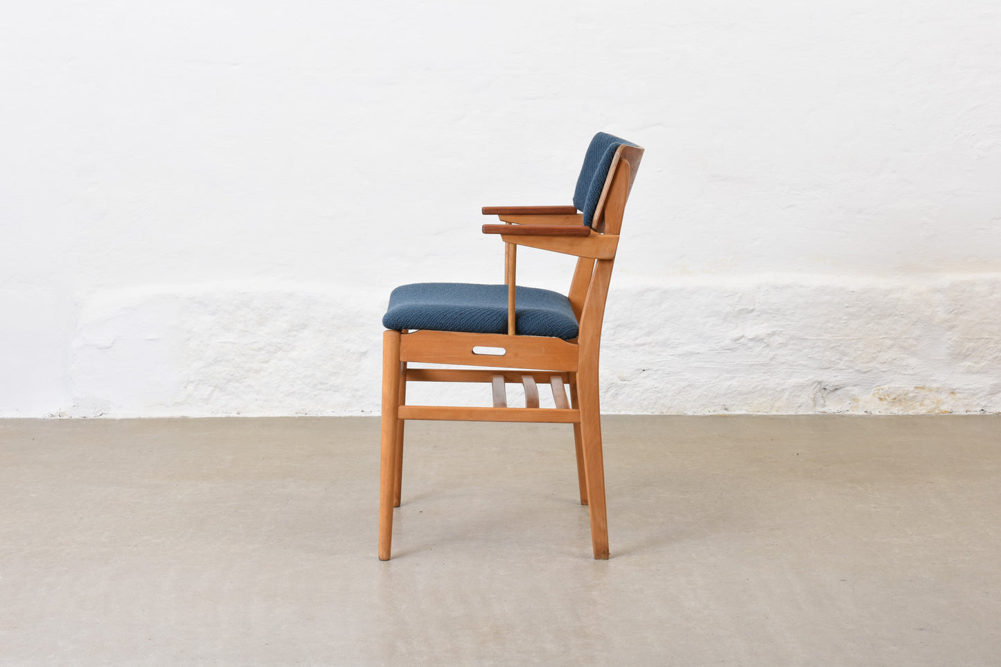 Newly reupholstered: 1960s teak + beech armchair