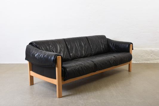 Vintage beech + leather three seater by Friis Møbler