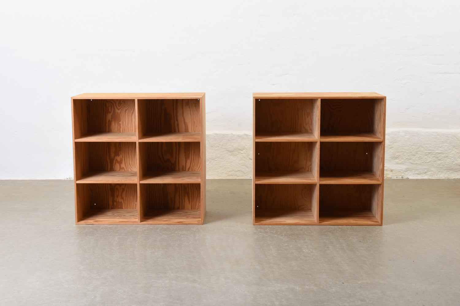 Two available: 1960s wall-mounted pine bookshelves