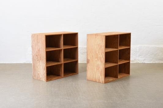 Two available: 1960s wall-mounted pine bookshelves