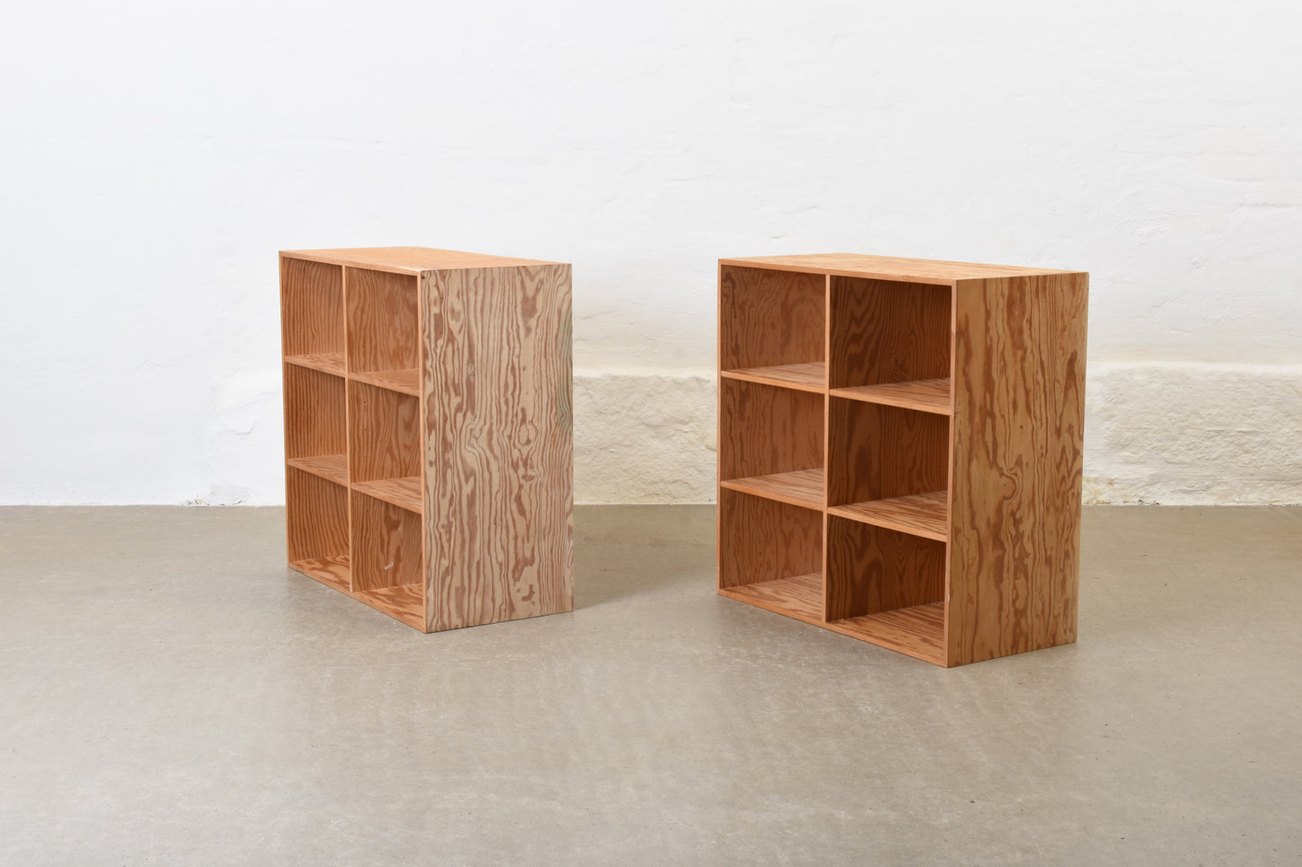 Two available: 1960s wall-mounted pine bookshelves